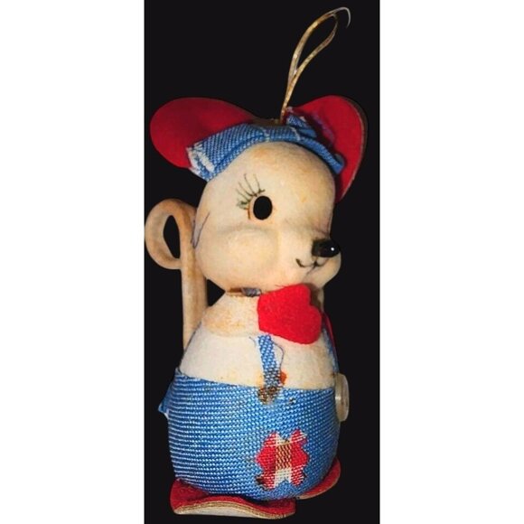 Vintage Japanese Mouse Ornament With Denim Overalls & Red Accents - Collectible - Picture 1 of 9